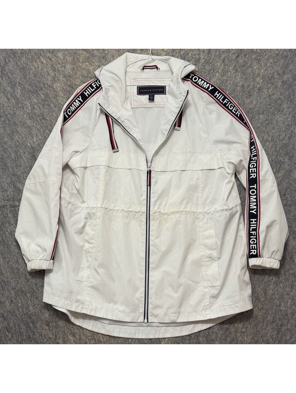 Tommy Hilfiger Womens L White Hooded Windbreaker Logo Tape Full Zip Jacket